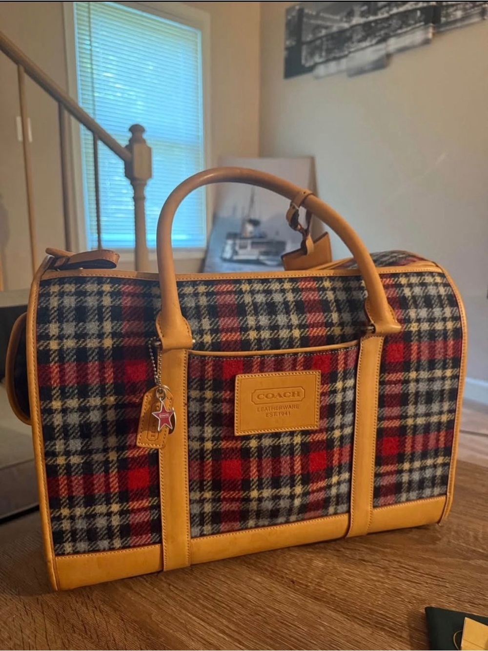 Coach Plaid Fabric Leather Trim Dog or Cat Carrier Tote
